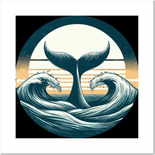 Hand drawn whale tail Retro ocean waves Posters and Art